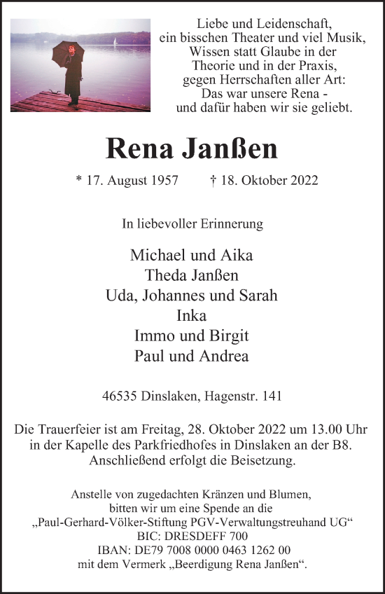Traueranzeige von Rena Janßen von Tageszeitung