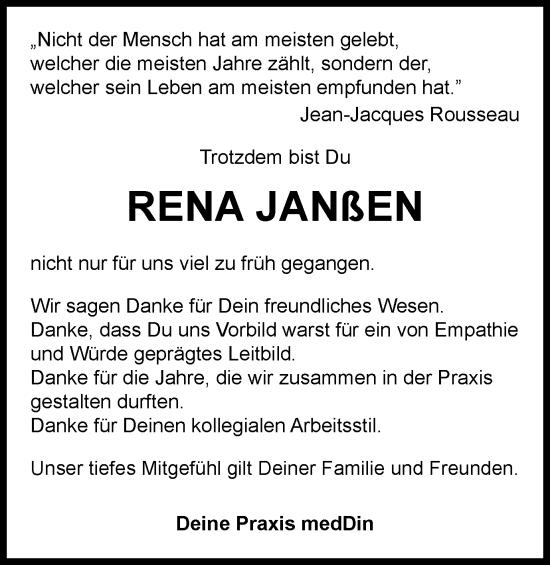 Traueranzeige von Rena Janßen von Tageszeitung