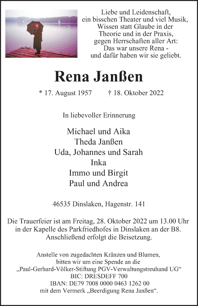  Traueranzeige für Rena Janßen vom 25.10.2022 aus Tageszeitung