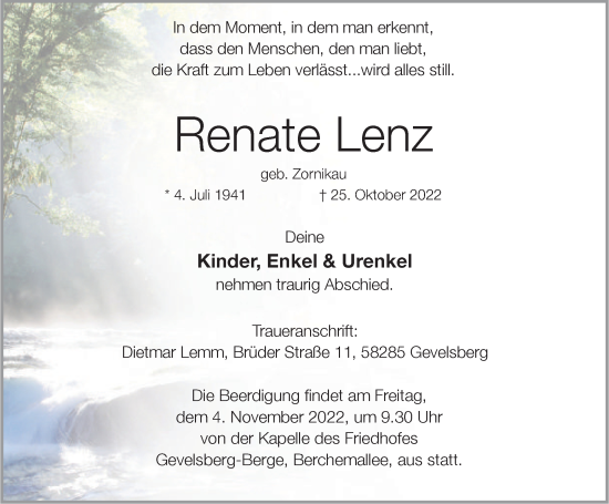 Traueranzeige von Renate Lenz von Tageszeitung