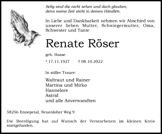 Traueranzeige von Renate Röser von Tageszeitung
