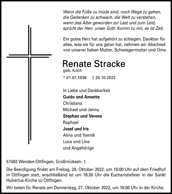 Traueranzeige von Renate Stracke von Tageszeitung