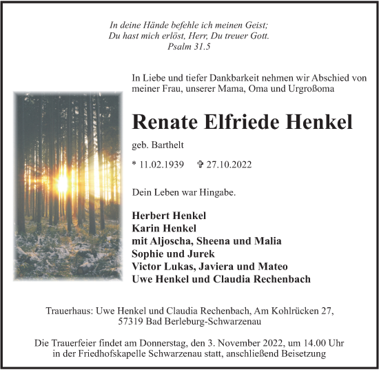 Traueranzeige von Renate Elfriede Henkel von Tageszeitung