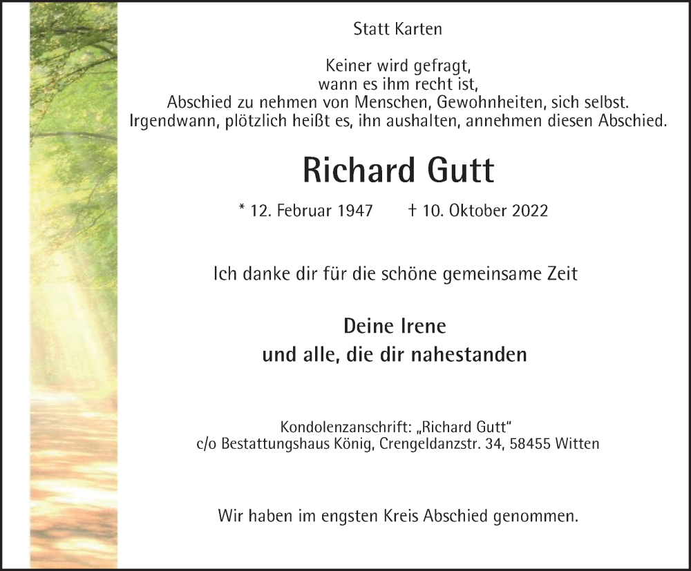  Traueranzeige für Richard Gutt vom 27.10.2022 aus Tageszeitung