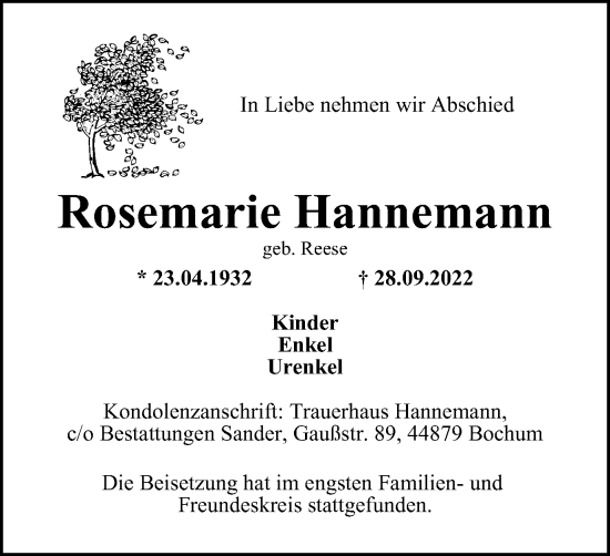 Traueranzeige von Rosemarie Hannemann von Tageszeitung