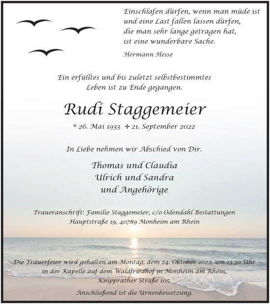 Traueranzeige von Rudi Staggemeier von Anzeigenblätter/Lokalkompass