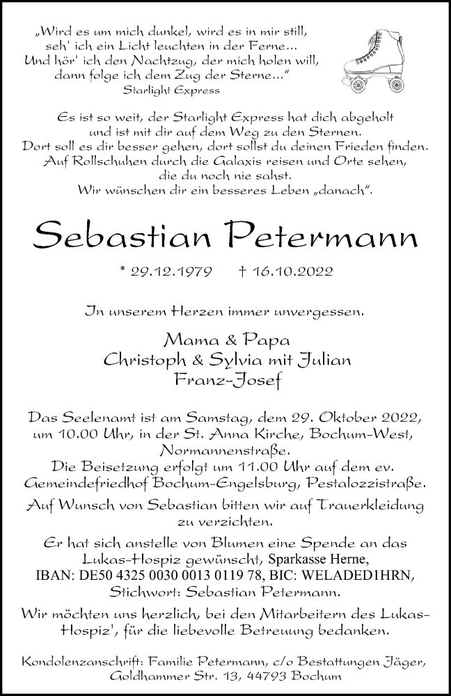  Traueranzeige für Sebastian Petermann vom 22.10.2022 aus Tageszeitung