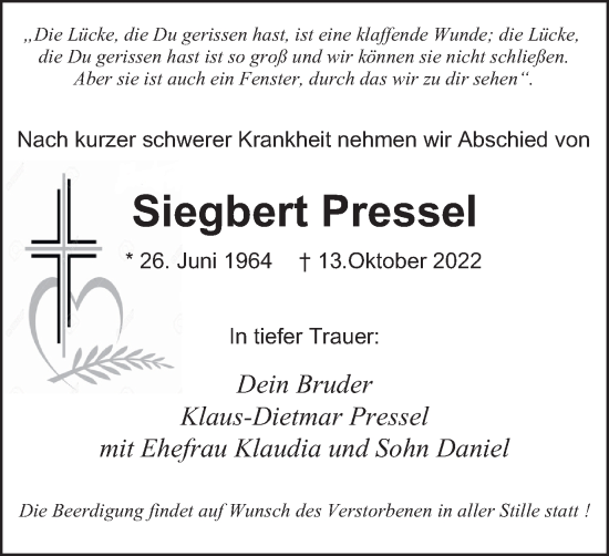 Traueranzeige von Siegbert Pressel von Tageszeitung