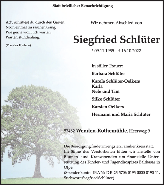 Traueranzeige von Siegfried Schlüter von Tageszeitung