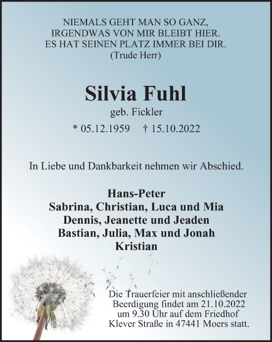 Traueranzeige von Silvia Fuhl von Tageszeitung