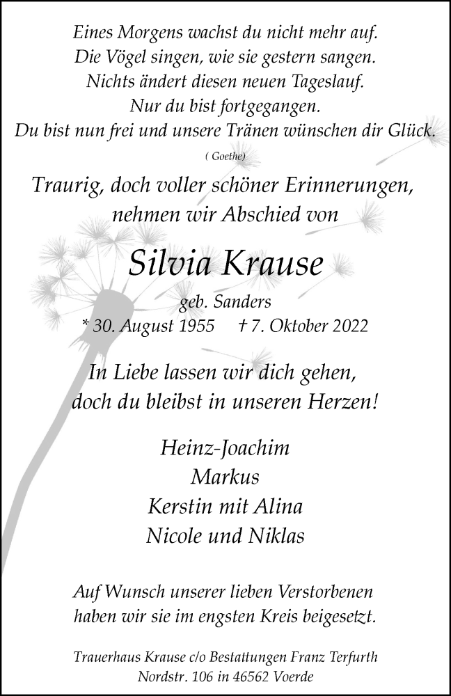  Traueranzeige für Silvia Krause vom 15.10.2022 aus Tageszeitung