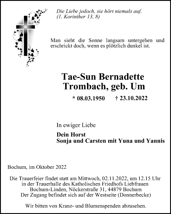 Traueranzeige von Tae-Sun Bernadette Trombach von Tageszeitung