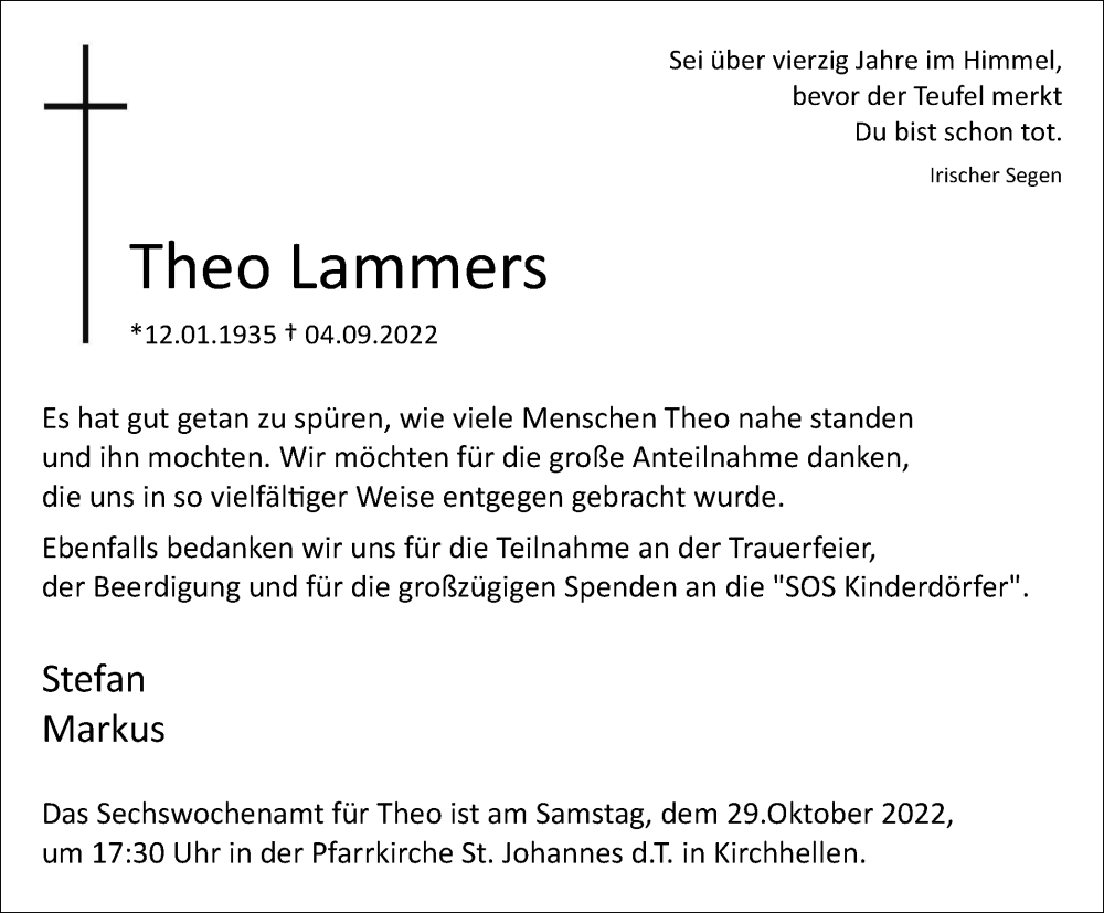  Traueranzeige für Theo Lammers vom 22.10.2022 aus Tageszeitung
