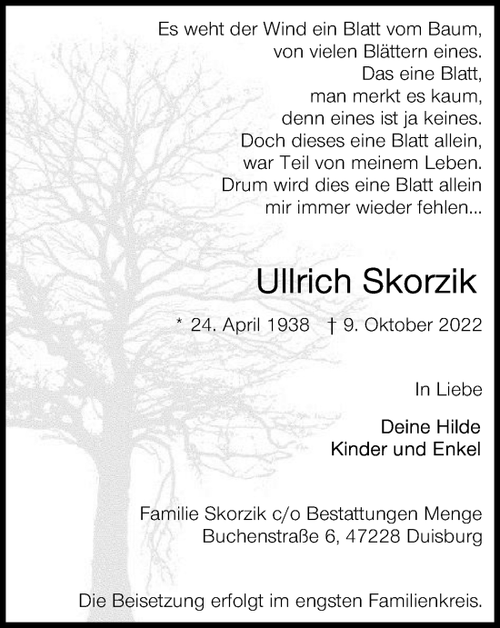 Traueranzeige von Ullrich Skorzik von Tageszeitung