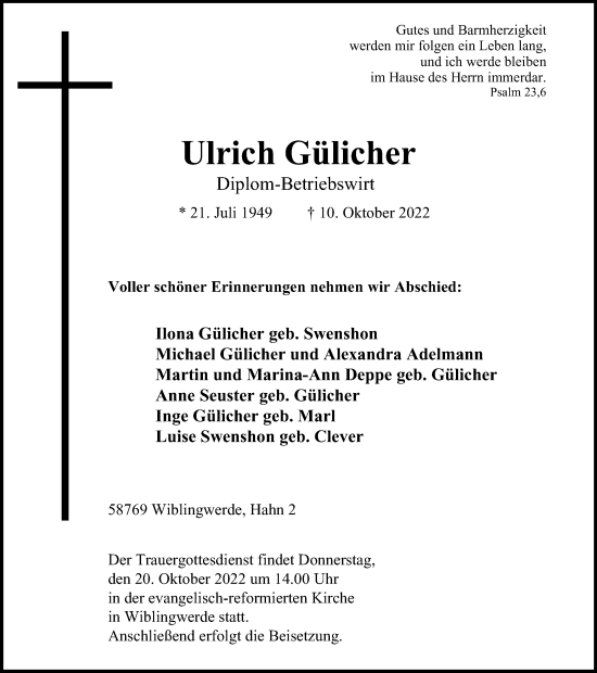 Traueranzeige von Ulrich Gülicher von Tageszeitung