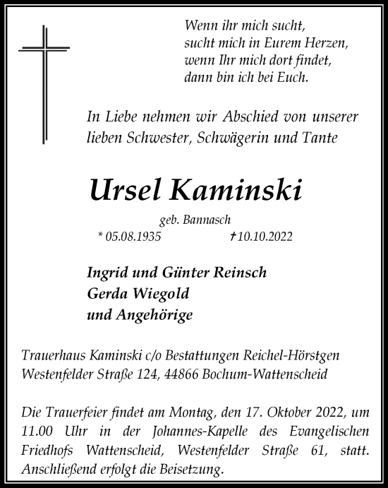 Traueranzeige von Ursel Kaminski von Anzeigenblätter/Lokalkompass