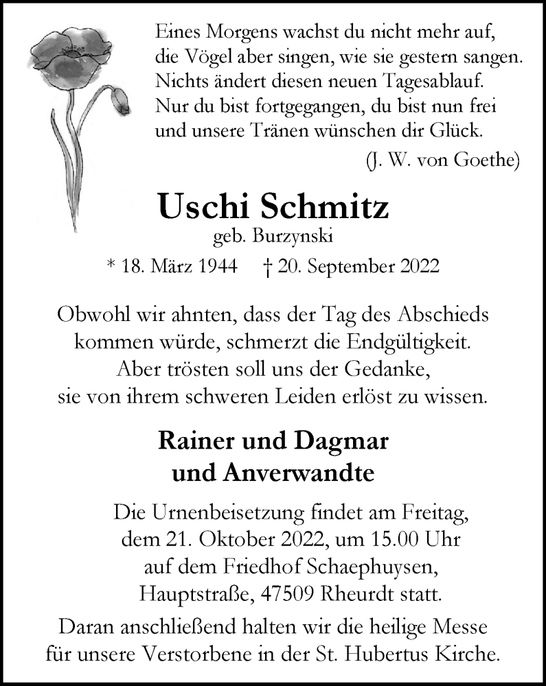  Traueranzeige für Uschi Schmitz vom 15.10.2022 aus Tageszeitung