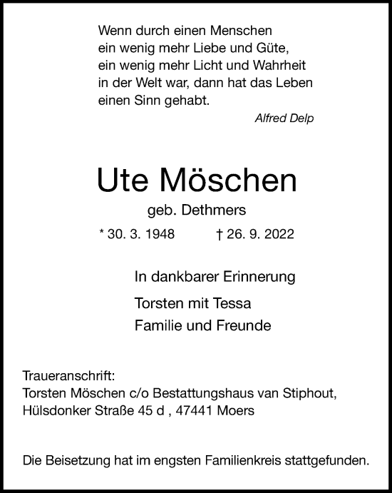 Traueranzeige von Ute Möschen von Tageszeitung
