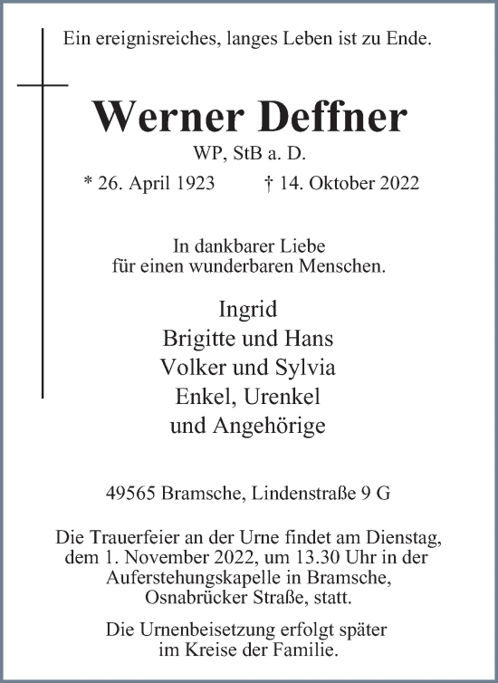 Traueranzeige von Werner Deffner von Tageszeitung