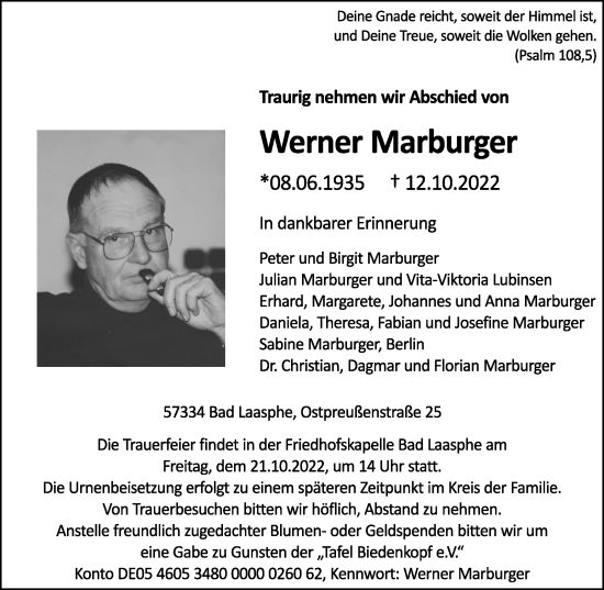 Traueranzeige von Werner Marburger von Tageszeitung