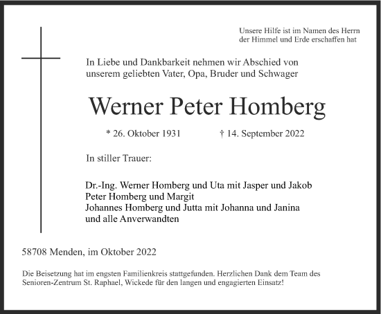Traueranzeige von Werner Peter Homberg von Tageszeitung