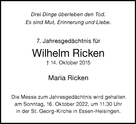 Traueranzeige von Wilhelm Ricken von Tageszeitung