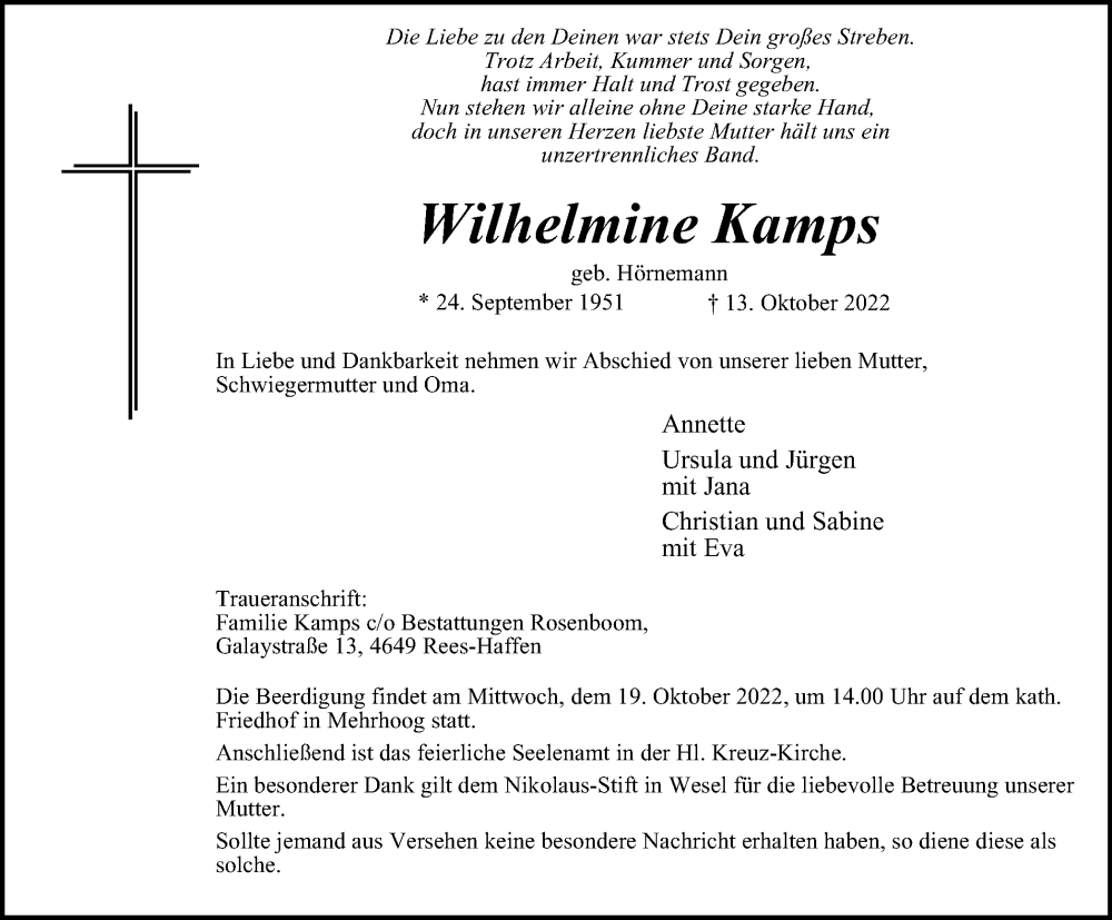  Traueranzeige für Wilhelmine Kamps vom 17.10.2022 aus Tageszeitung