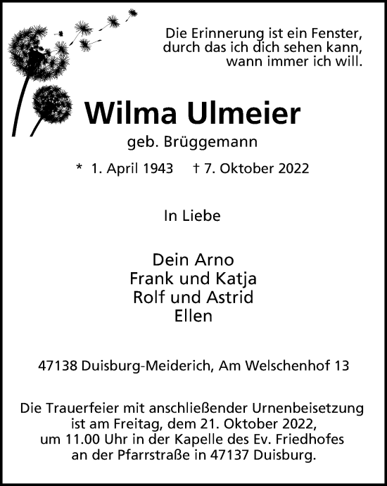 Traueranzeige von Wilma Ulmeier von Tageszeitung