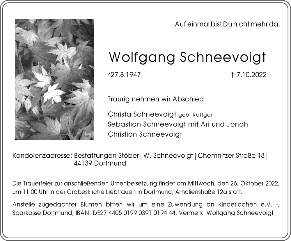  Traueranzeige für Wolfgang Schneevoigt vom 22.10.2022 aus Tageszeitung