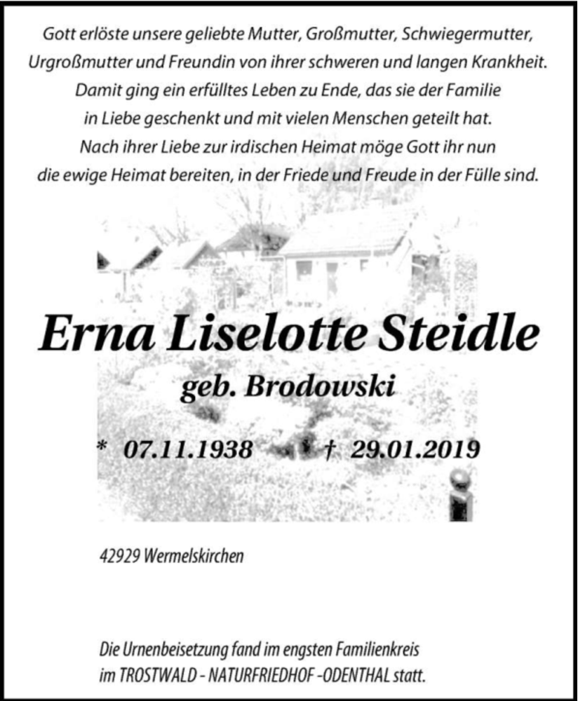  Traueranzeige für Erna Liselotte Steidle vom 27.02.2019 aus Mülheimer Woche
