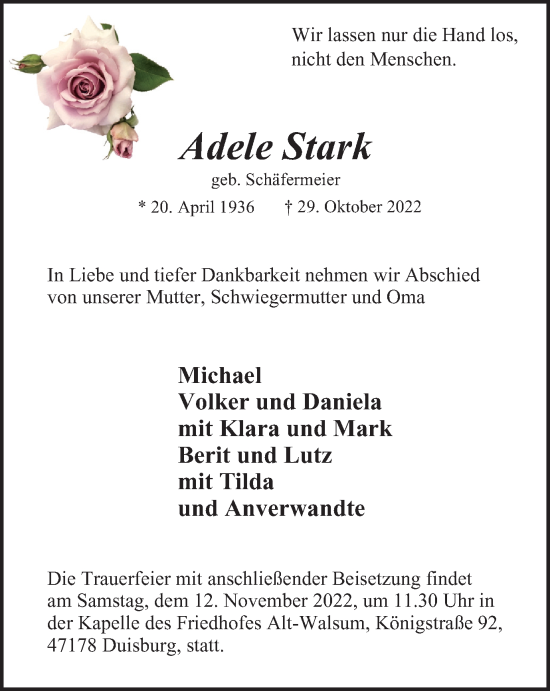 Traueranzeige von Adele Stark von Tageszeitung