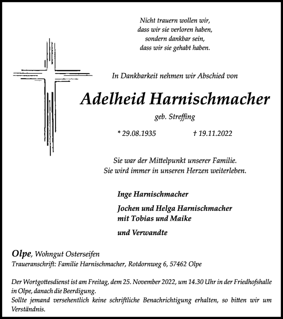 Traueranzeige von Adelheid Harnischmacher von Tageszeitung