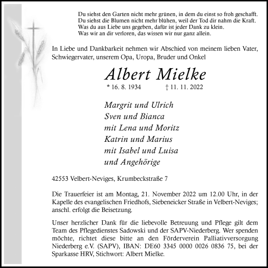 Traueranzeige von Albert Mielke von WVW Anzeigenblätter
