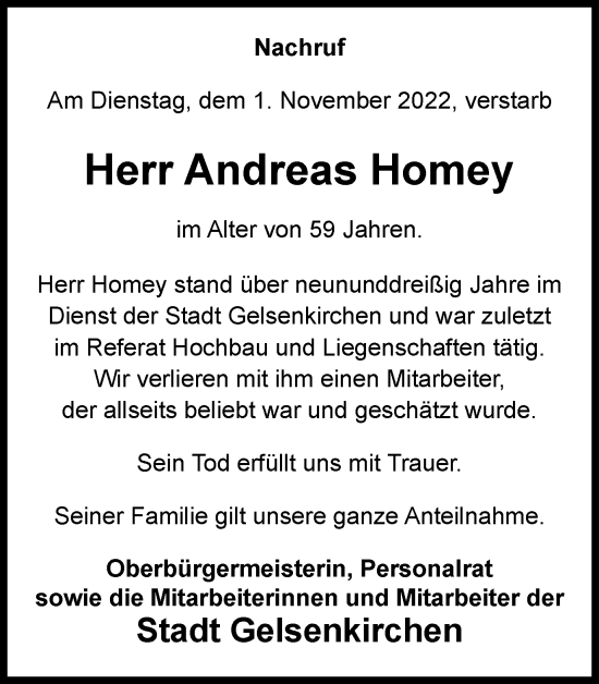 Traueranzeige von Andreas Homey von Tageszeitung