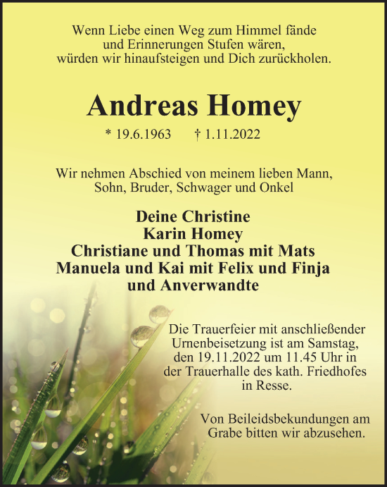 Traueranzeige von Andreas Homey von Tageszeitung
