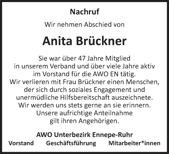 Traueranzeige von Anita Brückner von Tageszeitung