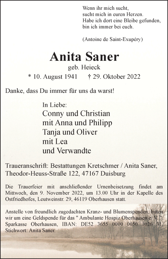 Traueranzeige von Anita Saner von Tageszeitung