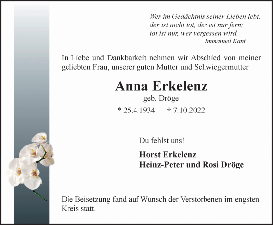 Traueranzeige von Anna Erkelenz von WVW Anzeigenblätter