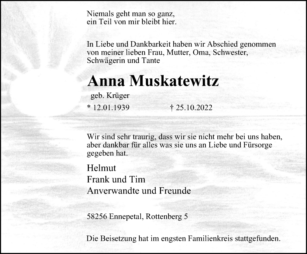  Traueranzeige für Anna Muskatewitz vom 12.11.2022 aus Tageszeitung