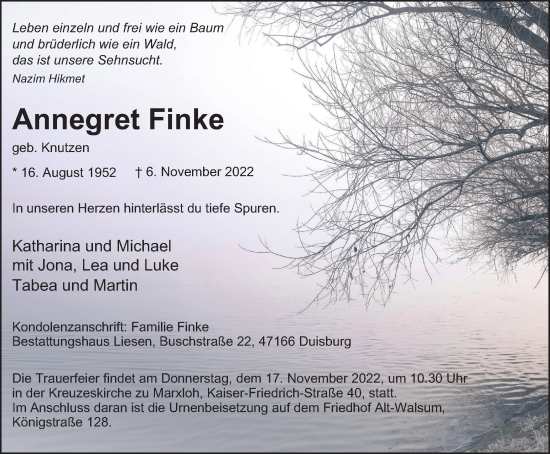 Traueranzeige von Annegret Finke von Tageszeitung