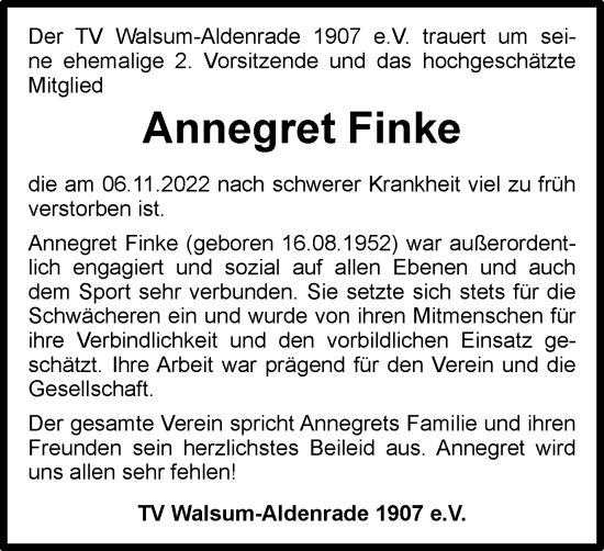 Traueranzeige von Annegret Finke von Tageszeitung