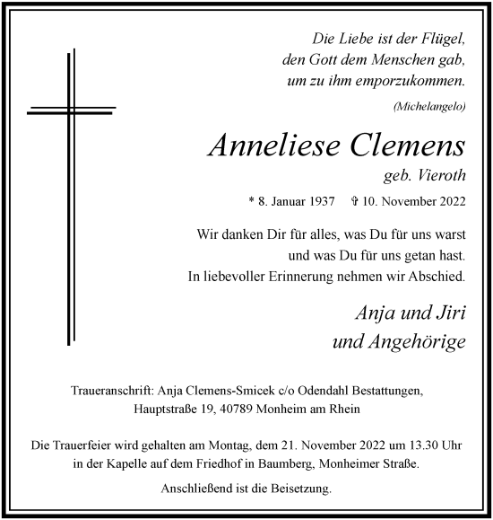 Traueranzeige von Anneliese Clemens von WVW Anzeigenblätter