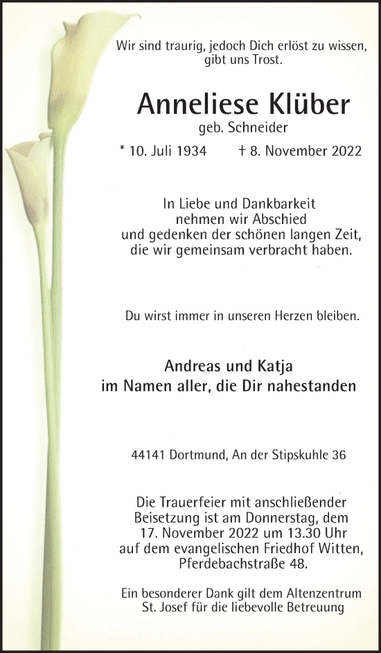 Traueranzeige von Anneliese Klüber von Tageszeitung