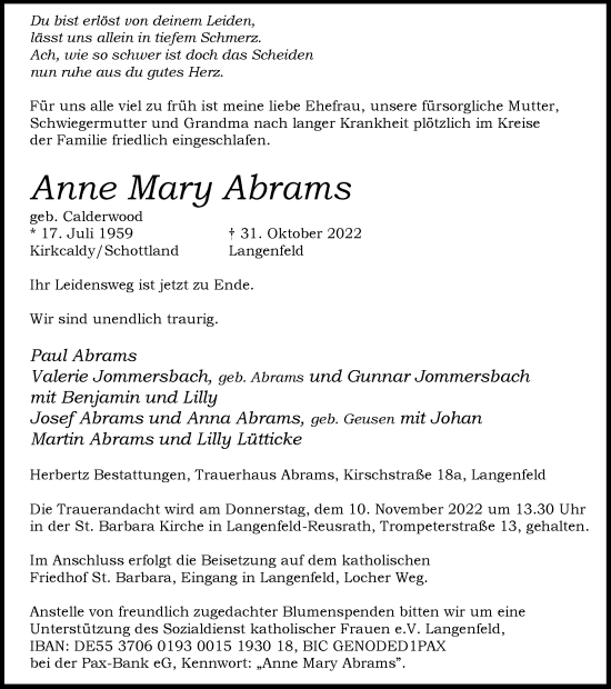 Traueranzeige von Anne Mary Abrams von Tageszeitung