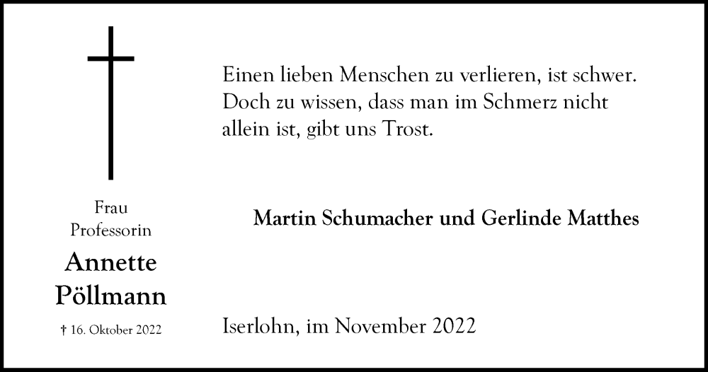  Traueranzeige für Annette Pöllmann vom 12.11.2022 aus Tageszeitung