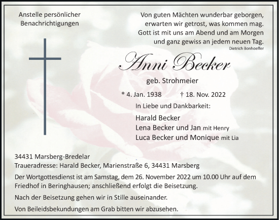 Traueranzeige von Anni Becker von Tageszeitung