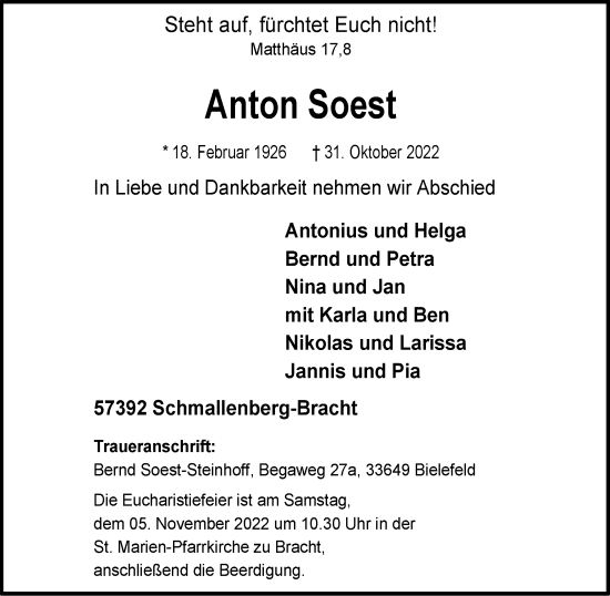 Traueranzeige von Anton Soest von Tageszeitung