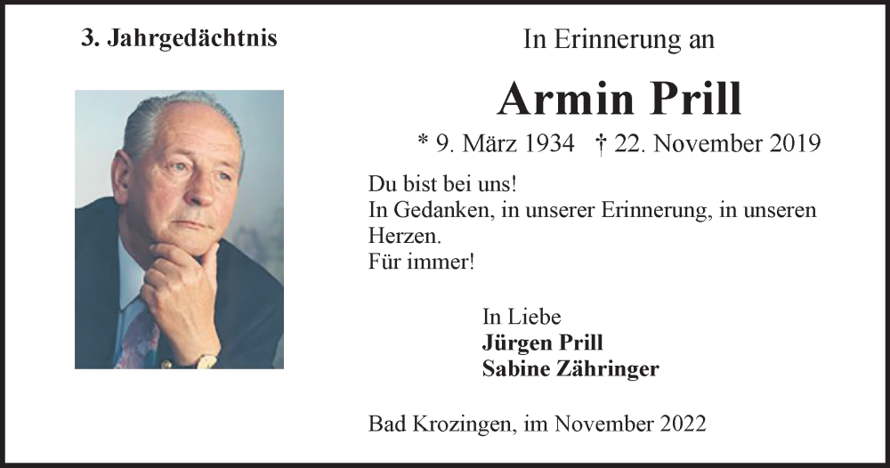  Traueranzeige für Armin Prill vom 26.11.2022 aus Tageszeitung