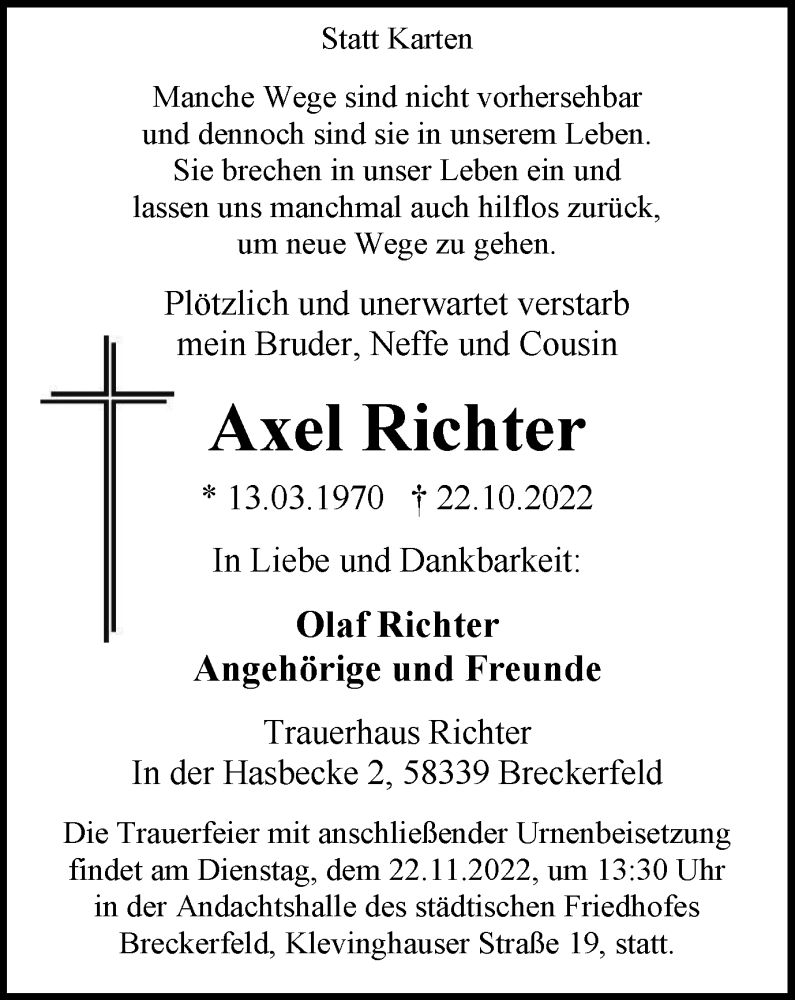  Traueranzeige für Axel Richter vom 19.11.2022 aus Tageszeitung