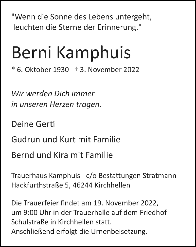  Traueranzeige für Berni Kamphuis vom 12.11.2022 aus Tageszeitung